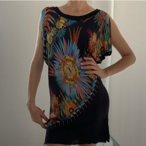 Jean Paul Gaulter Mini Dress/Tunic , Blue and Black Flower Print